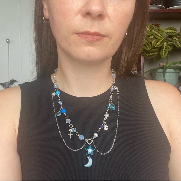 Star of Elendil Blue & Silver Beaded Charm Necklace Pendant Chain Moon Spiral - Picture 7 of 7